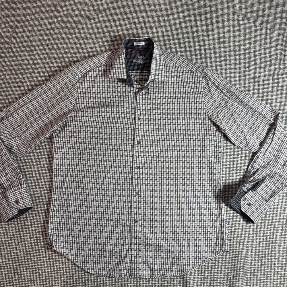 Bugatchi Uomo Mens Shaped Fit Long Sleeve Geometric Weave Cotton Shirt Grey L